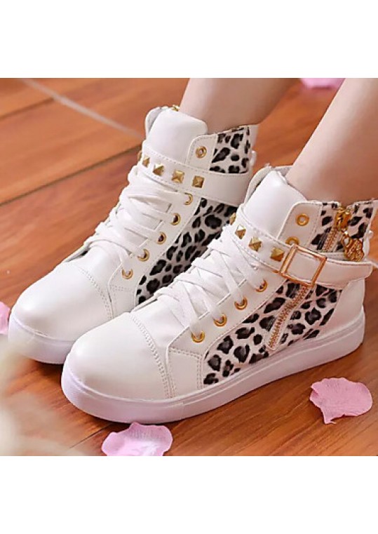 Women's Shoes Patent Leather Leopard Flat Heel Round Toe Rivet Fashion Sneakers Casual Black/White