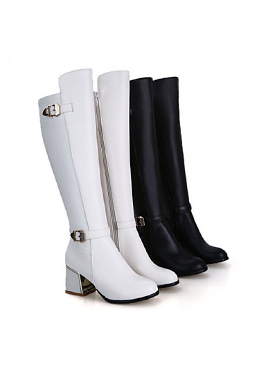 Women's Shoes Chunky Heel Riding Boots/Round Toe Boots Dress Black/White