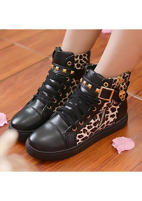 Women's Shoes Patent Leather Leopard Flat Heel Round Toe Rivet Fashion Sneakers Casual Black/White