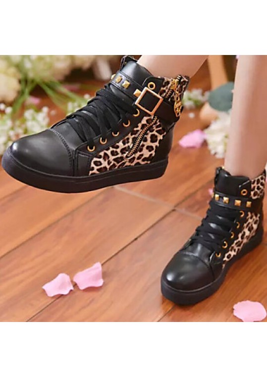 Women's Shoes Patent Leather Leopard Flat Heel Round Toe Rivet Fashion Sneakers Casual Black/White