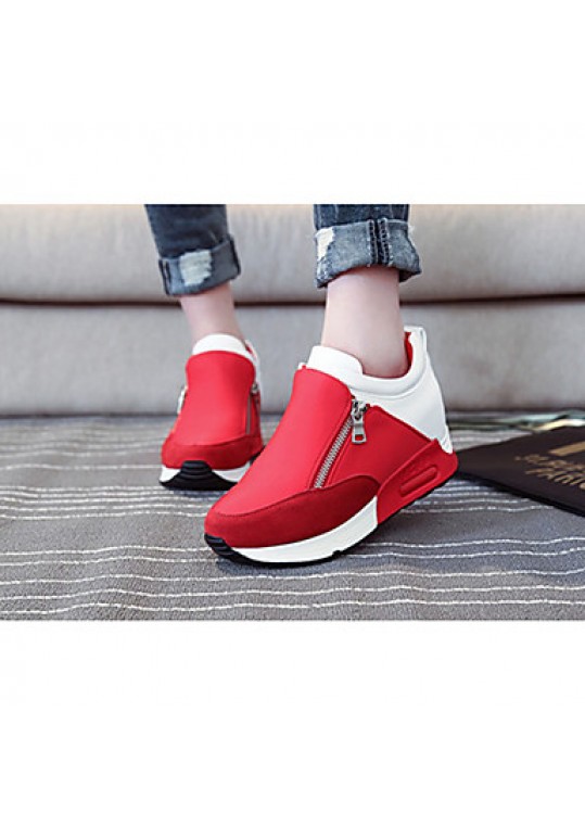 Women's Heels Winter Round Toe PU Casual Wedge Heel Zipper Black / Red Others