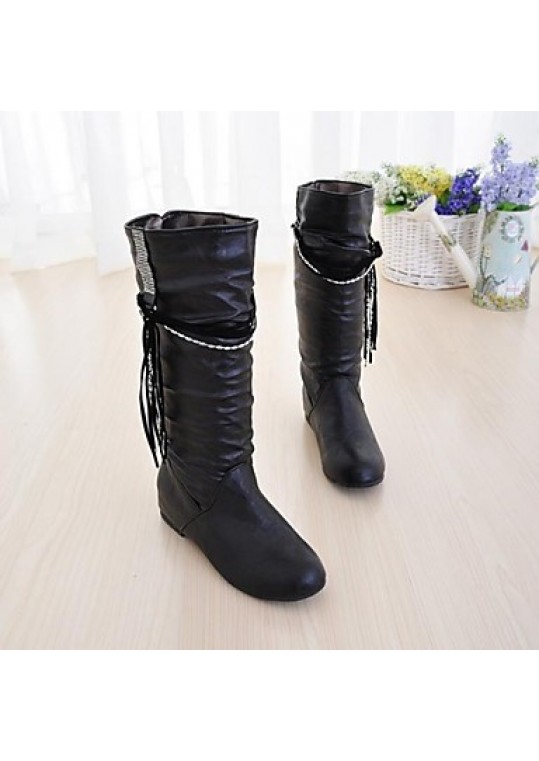 Women's Spring / Fall / Winter Fashion Boots / Comfort / Round Toe Leatherette Dress Flat Heel Tassel / Lace-up Black / Yellow / White