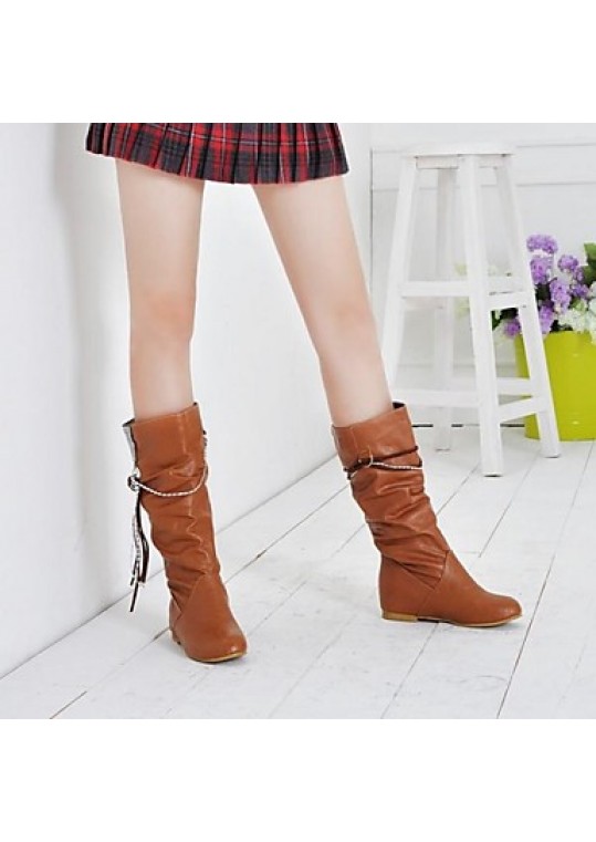 Women's Spring / Fall / Winter Fashion Boots / Comfort / Round Toe Leatherette Dress Flat Heel Tassel / Lace-up Black / Yellow / White