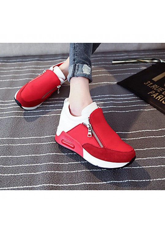 Women's Heels Winter Round Toe PU Casual Wedge Heel Zipper Black / Red Others