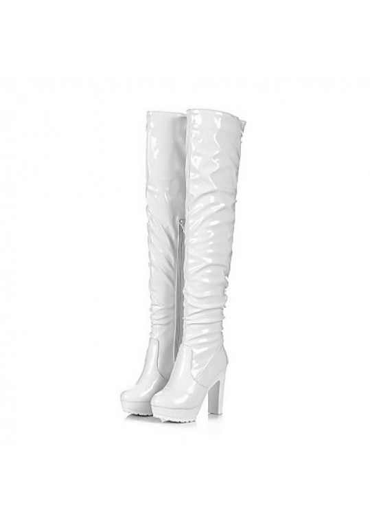 Women's Zipper Round Toe Solid Patent Leather High Heel Boots