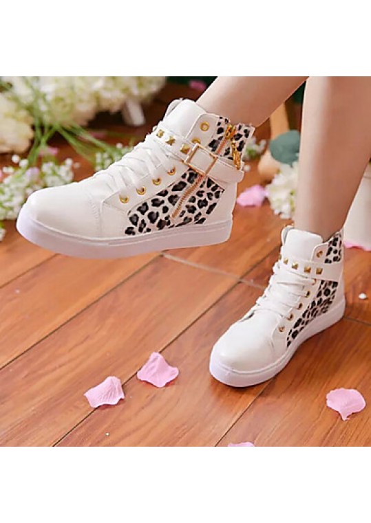 Women's Shoes Patent Leather Leopard Flat Heel Round Toe Rivet Fashion Sneakers Casual Black/White